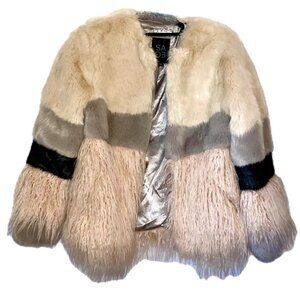 😊SAGE Color Faux Fur Jacket Color Block Ivory, Gray, Black, Pink Sz S EUC